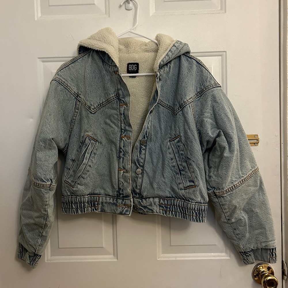 BDG Light Blue Hooded Denim Jacket with Sherpa Lining